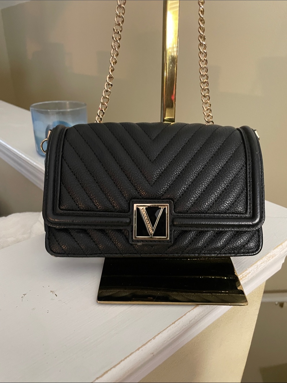 Victoria's Secret Black Quilted Shoulder Bag with Gold Chain